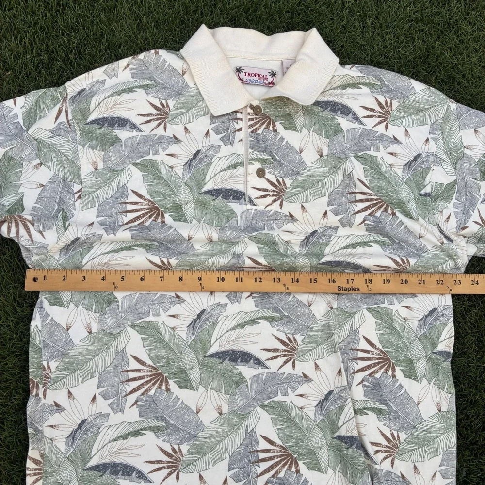 Tropical Cotton Mens XL Polo Shirt Botanical Leaf Print Short Sleeve Off White